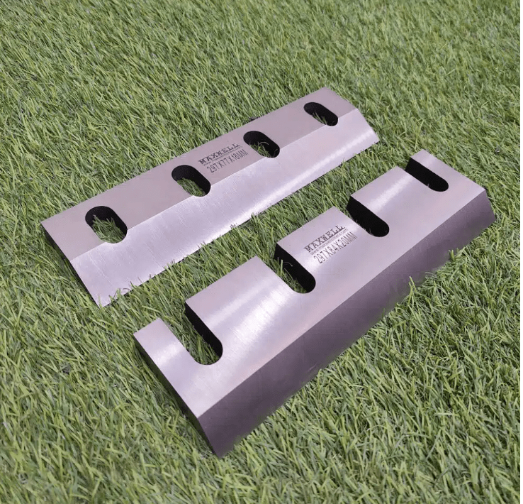 Shear blade anatomy diagram showing length, width, thickness, bevel angle and clearance