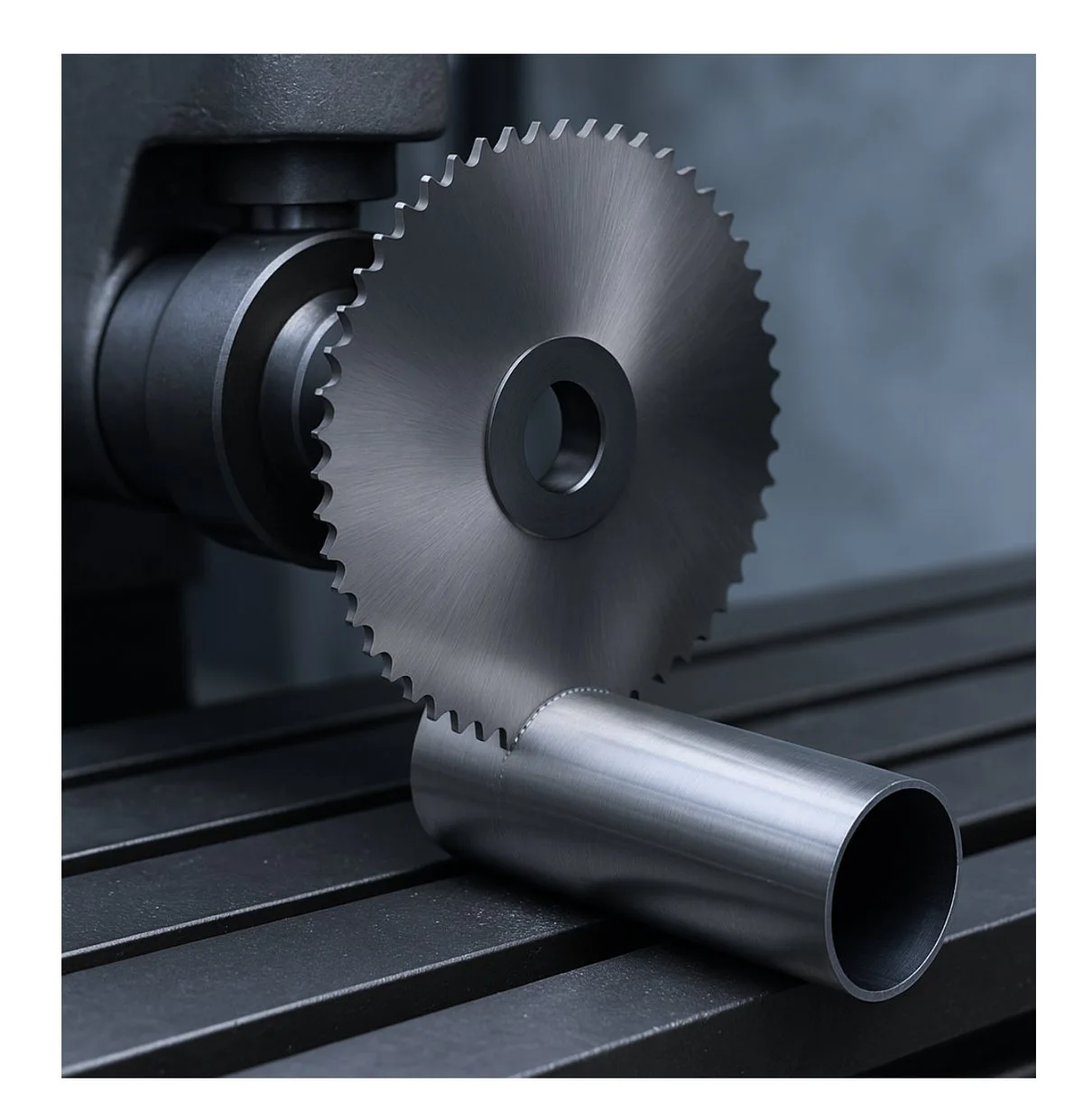 HSS metal slitting saw mounted on an arbor cutting a slot in a steel tube on a milling machine.
