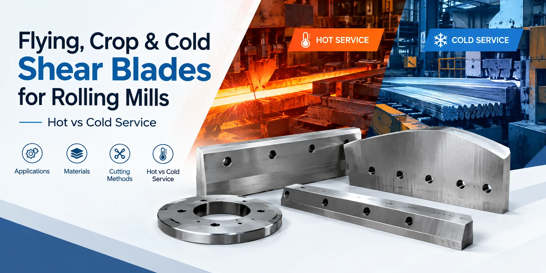 Flying shear knives cropping a red-hot bar, with H13 or H11 hot shear blades at 50 to 54 HRC and D2 cold shear blades at 58 to 60 HRC